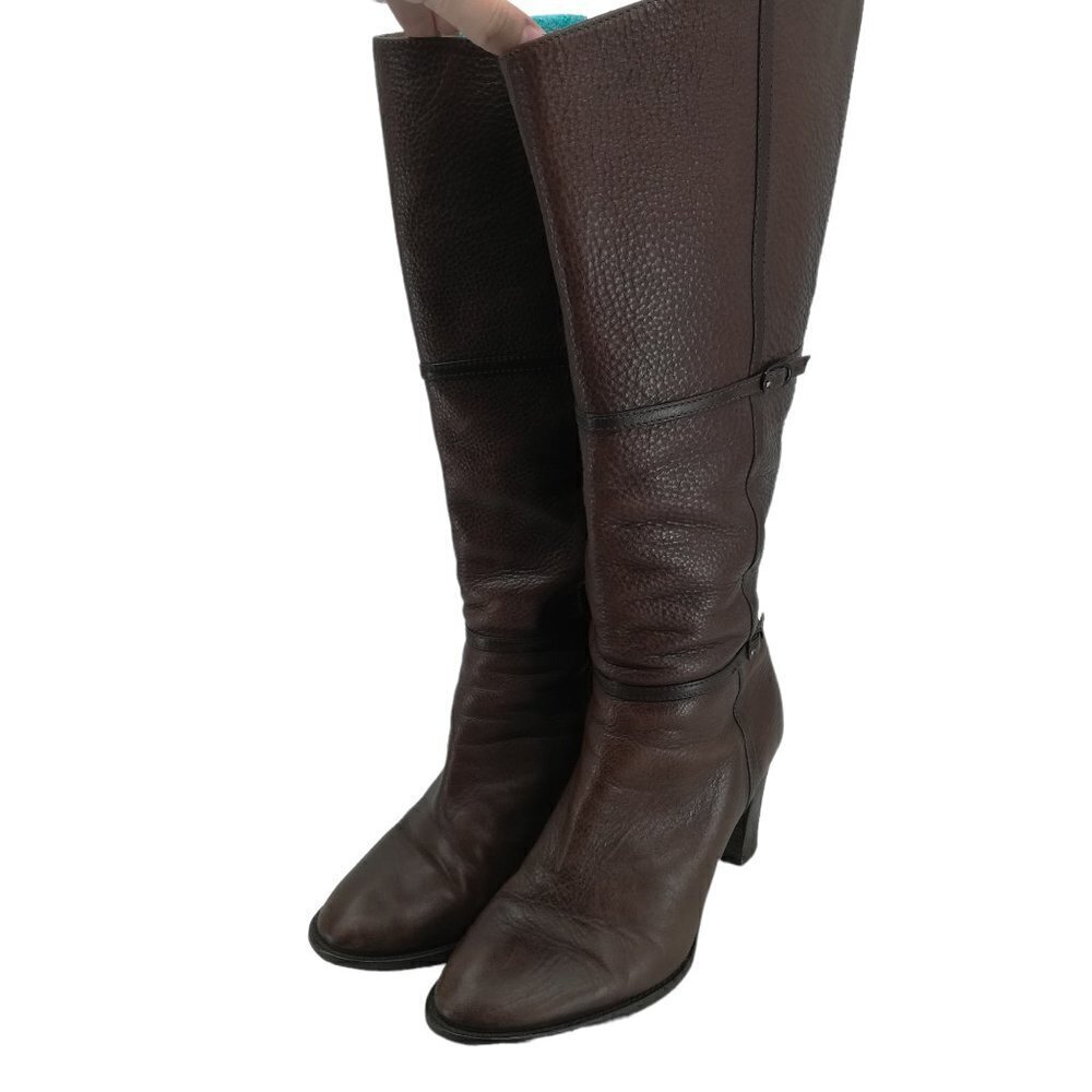 J Crew Brown Leather Knee High Heeled Boots Size 8.5 Side Zip Buckles Italy